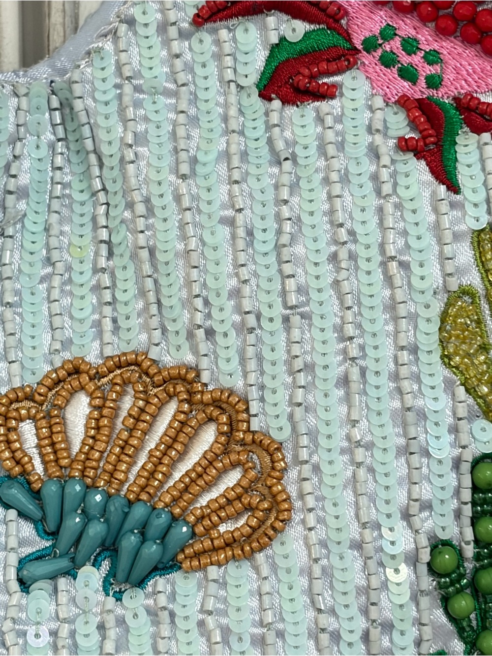 NWT Made in India Beaded Ocean Tote Handbag with Turtle & Shell Motif - Aqua - Picture 2 of 8